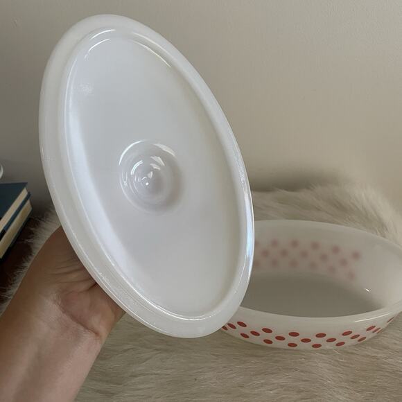 Vintage Glasbake White 1 Quart Casserole Dish W/ Lid Red Polka Dots Rare - Picture 2 of 8